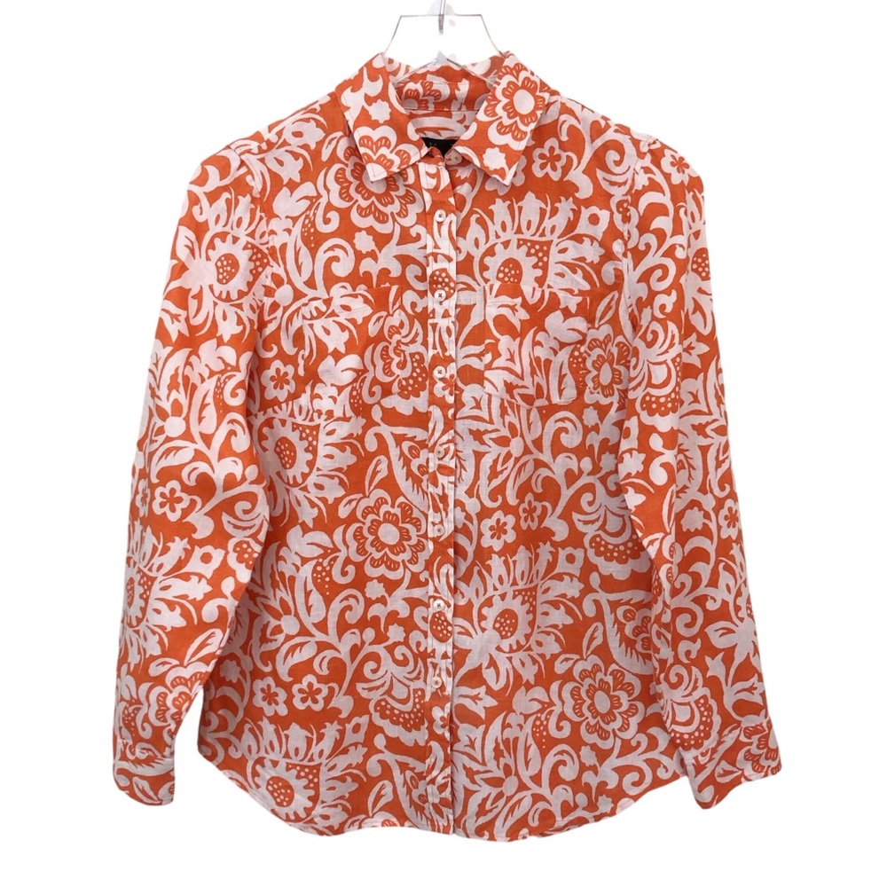 Talbots | Linen Roll Tab Long Sleeve Orange White Floral Button Up Shirt Small